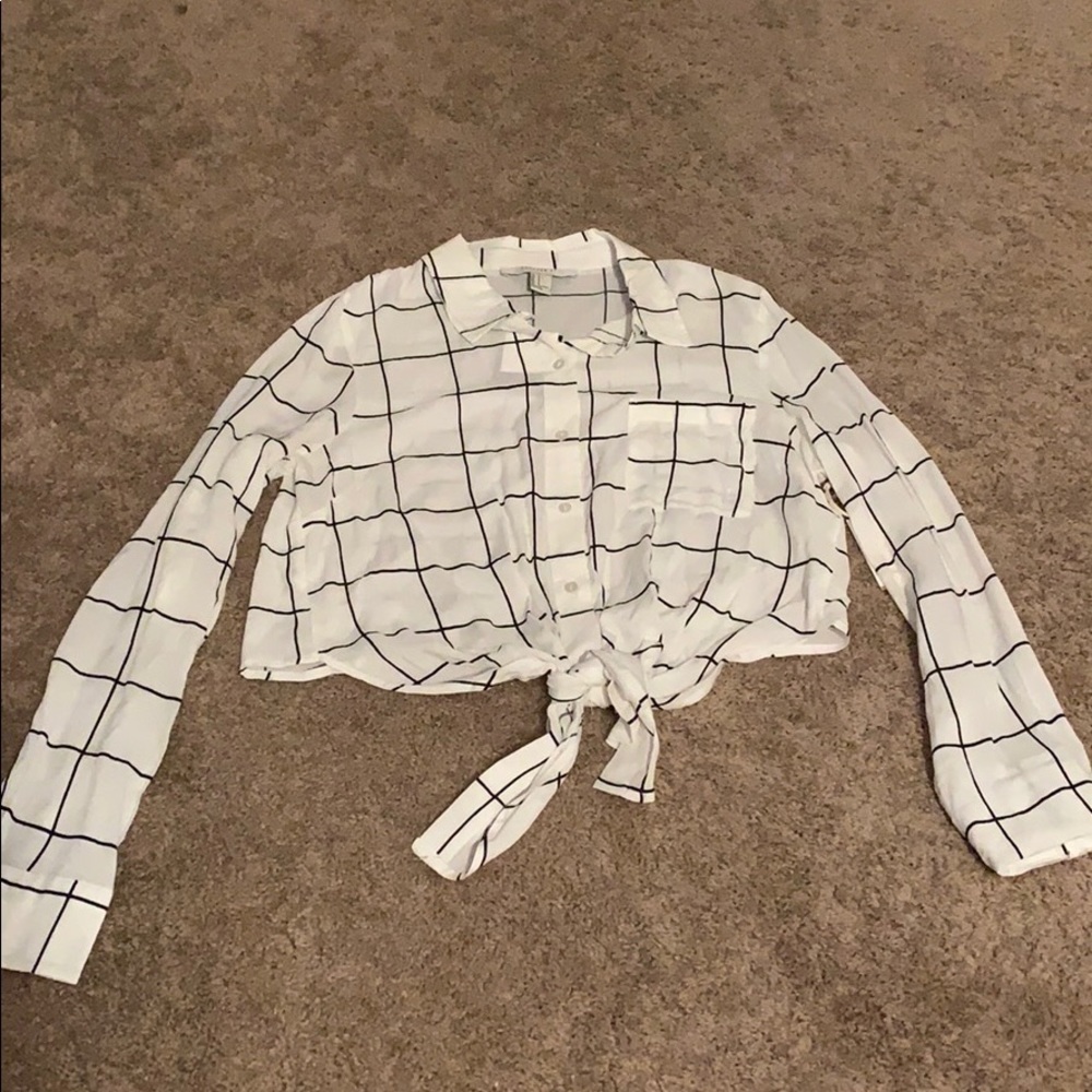 White and black button up crop top with tie